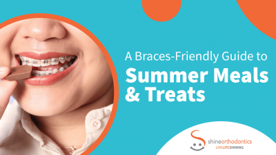 Girl eating chocolate with braces and text "A Braces-friendly guide to summer meals and treats"